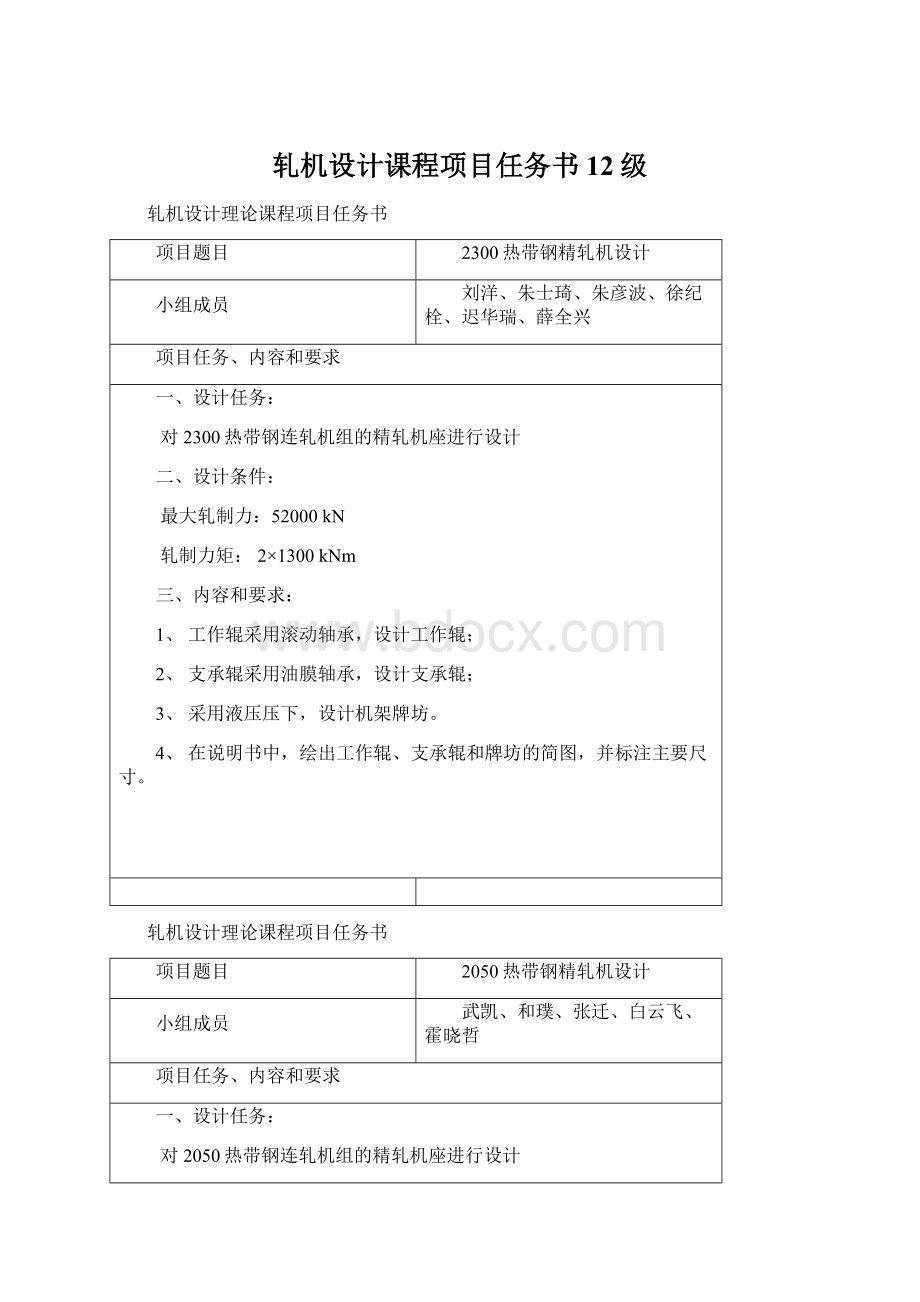 轧机设计课程项目任务书12级Word文档格式.docx_第1页