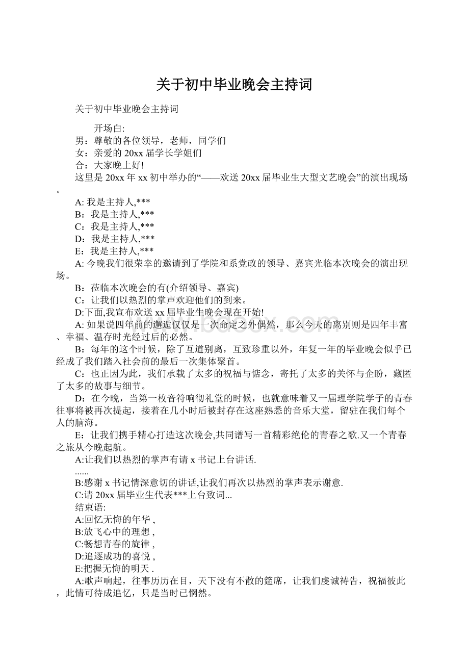 关于初中毕业晚会主持词.docx_第1页