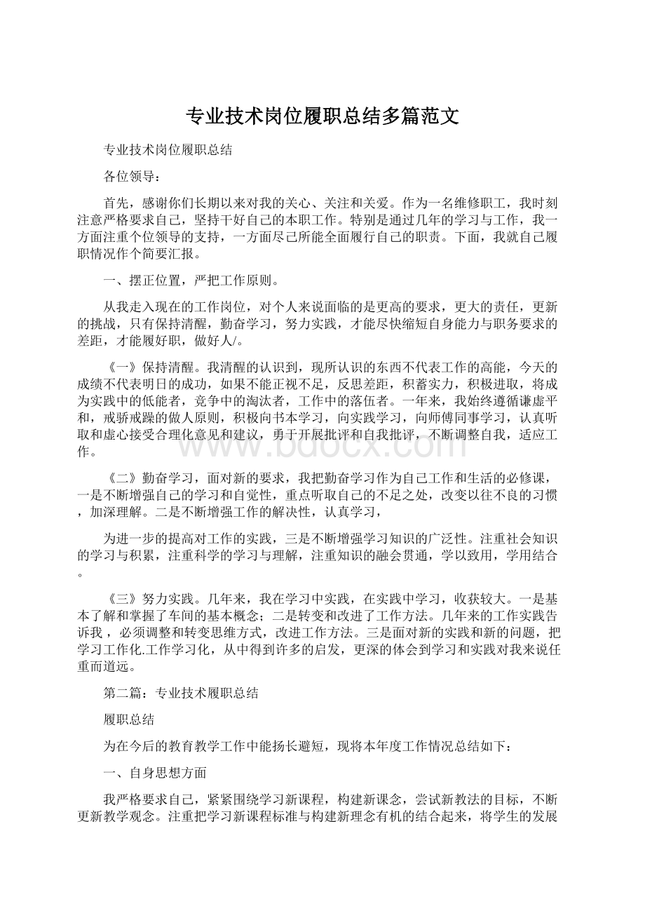 专业技术岗位履职总结多篇范文Word文档格式.docx