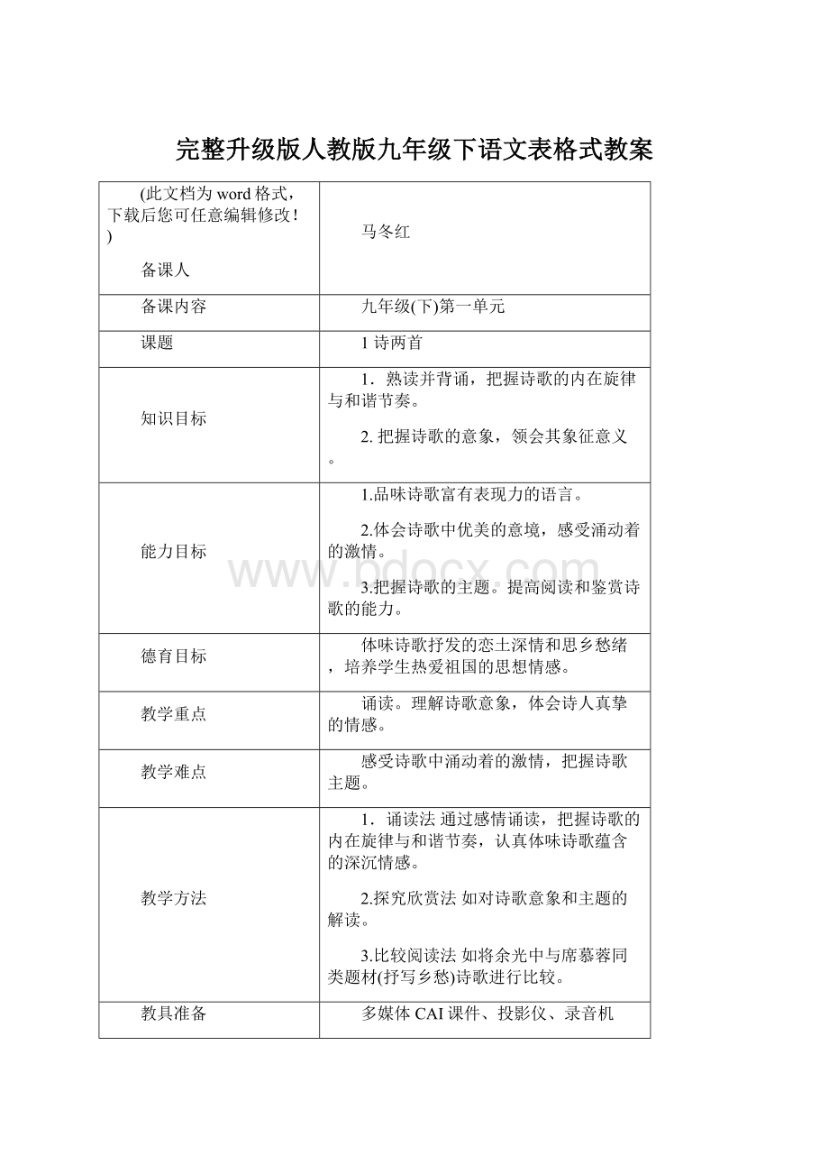 完整升级版人教版九年级下语文表格式教案Word文档下载推荐.docx_第1页