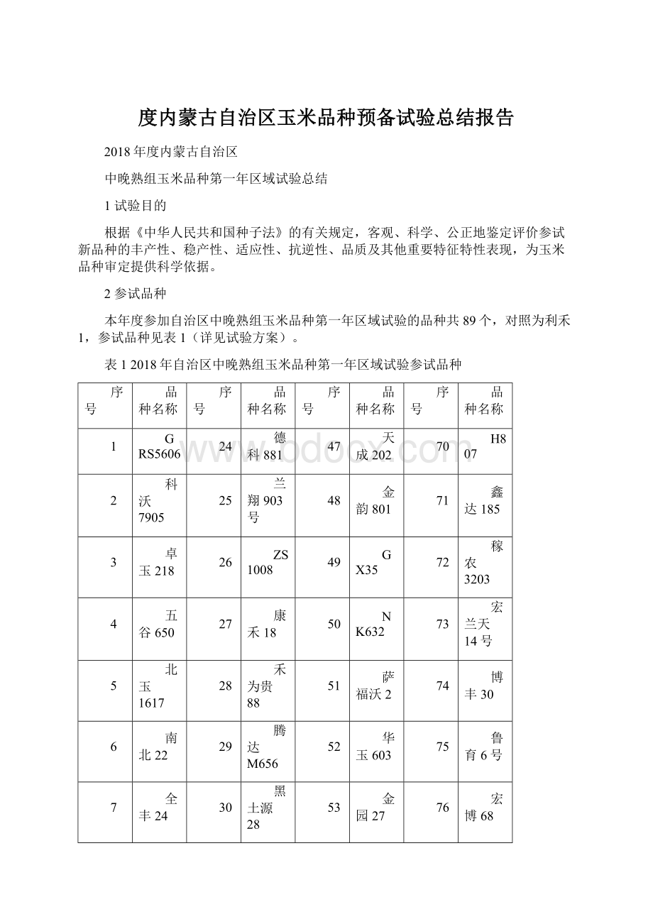 度内蒙古自治区玉米品种预备试验总结报告Word文件下载.docx