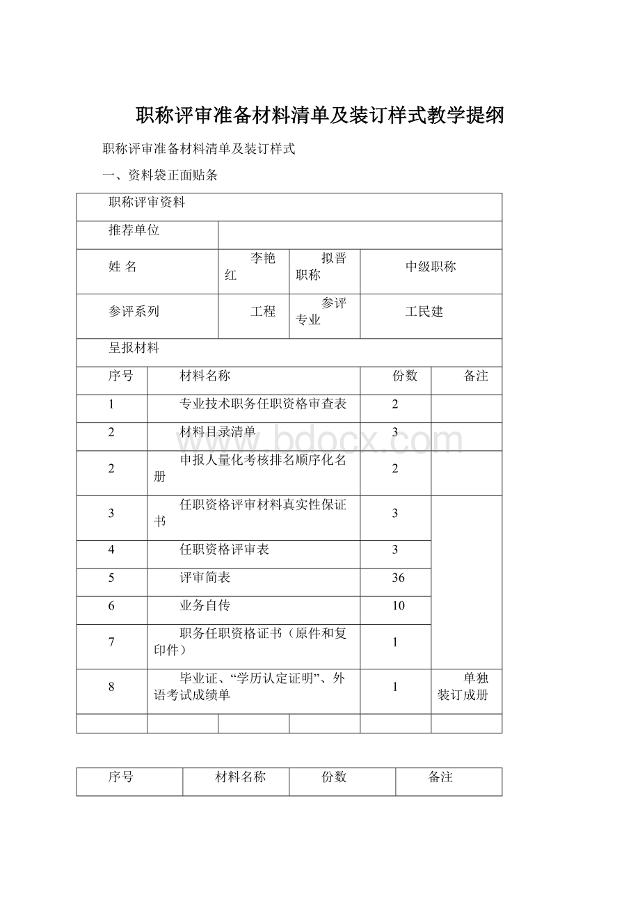 职称评审准备材料清单及装订样式教学提纲Word文件下载.docx_第1页