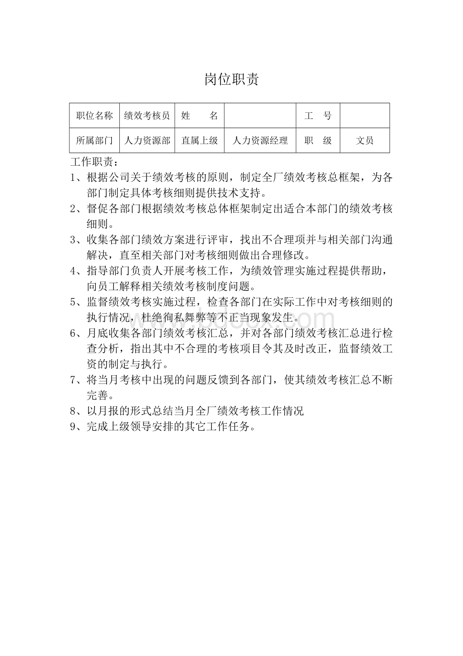 绩效考核员工作职责Word格式文档下载.docx