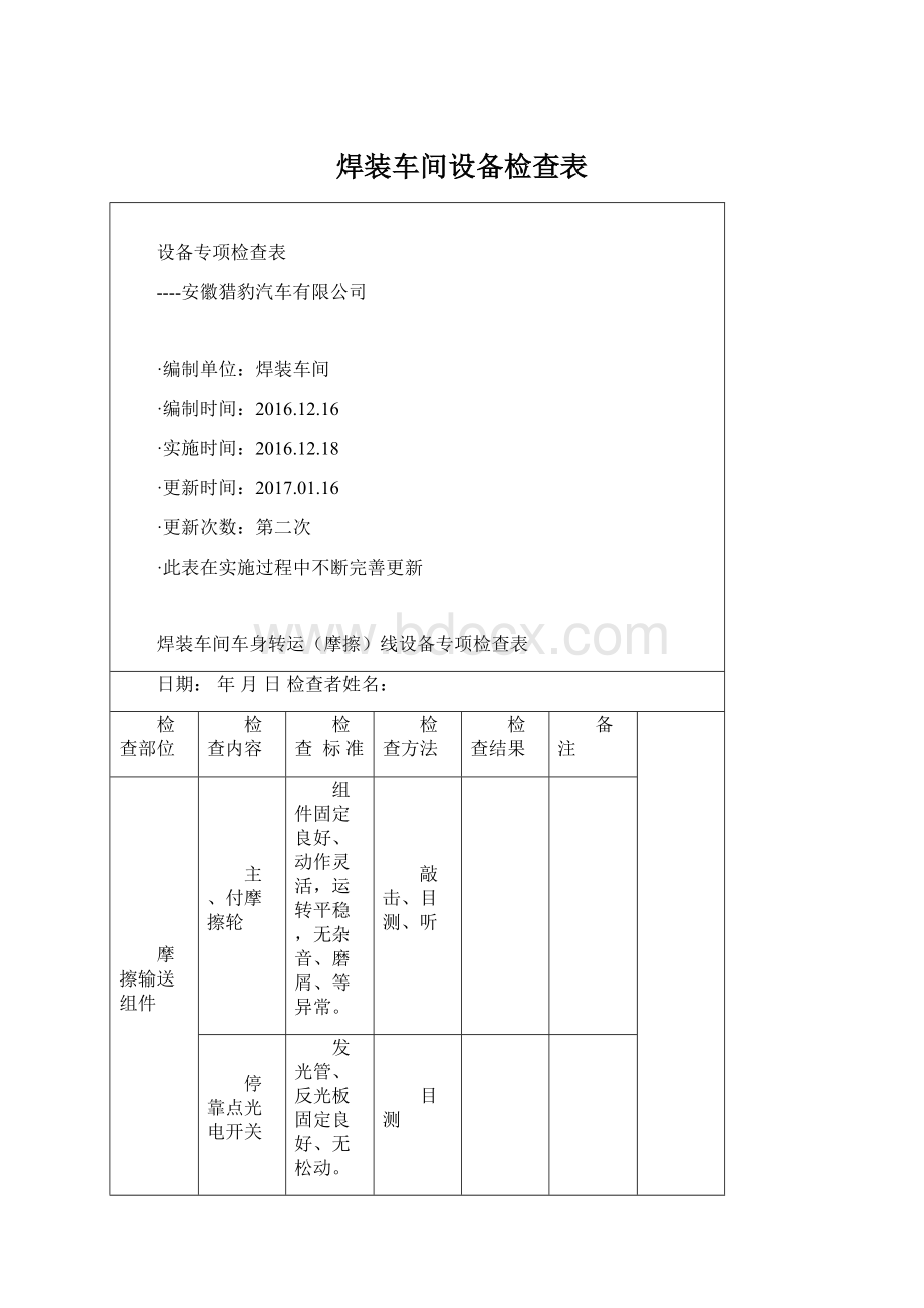 焊装车间设备检查表.docx