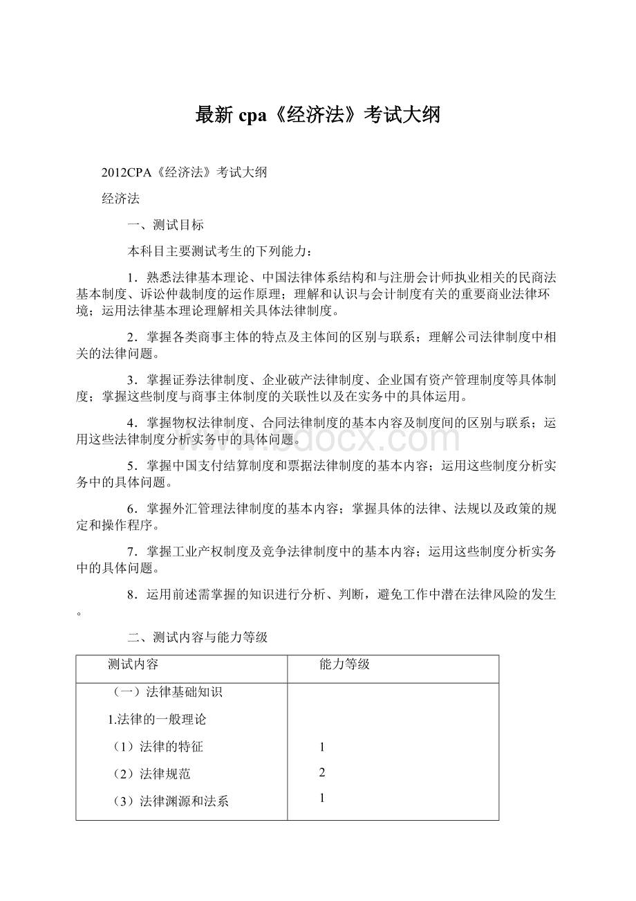 最新cpa《经济法》考试大纲.docx_第1页