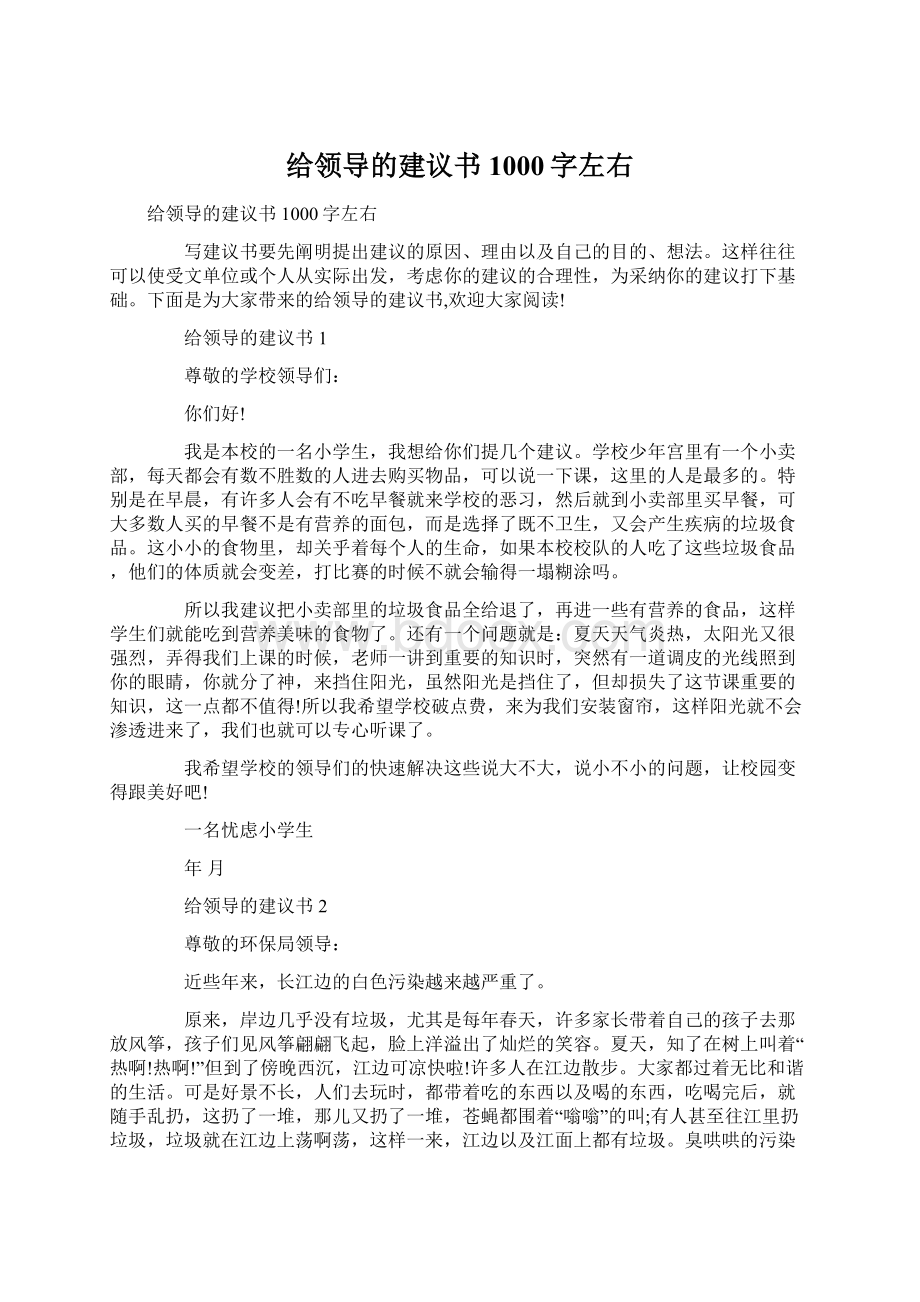 给领导的建议书1000字左右Word文档格式.docx