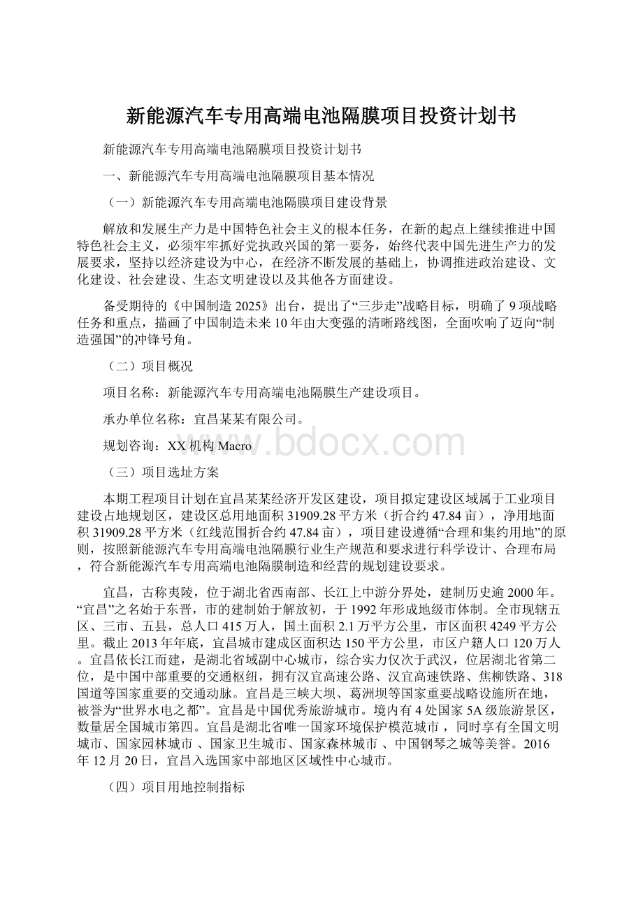 新能源汽车专用高端电池隔膜项目投资计划书Word文档下载推荐.docx_第1页