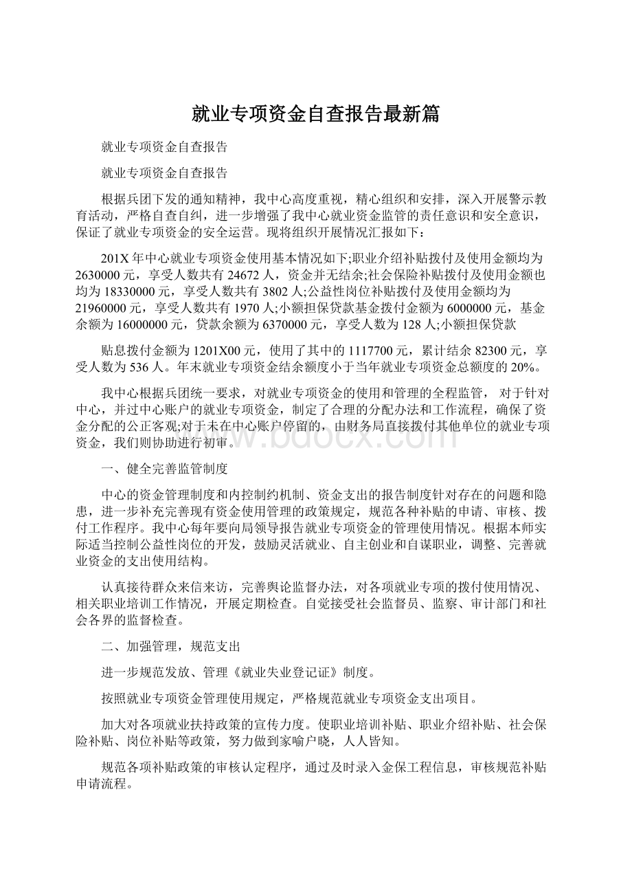 就业专项资金自查报告最新篇Word文档格式.docx