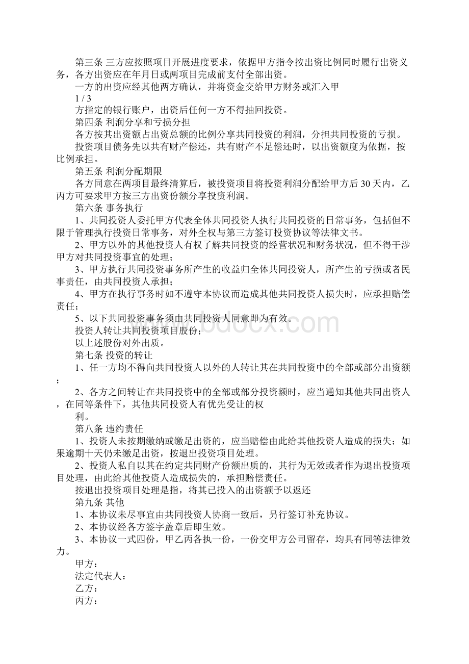 个人项目合作投资协议书Word格式文档下载.docx_第3页