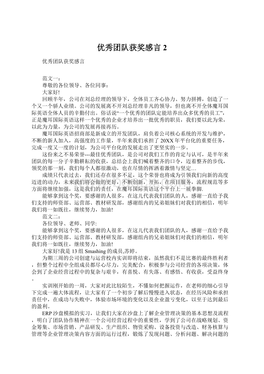 优秀团队获奖感言2文档格式.docx