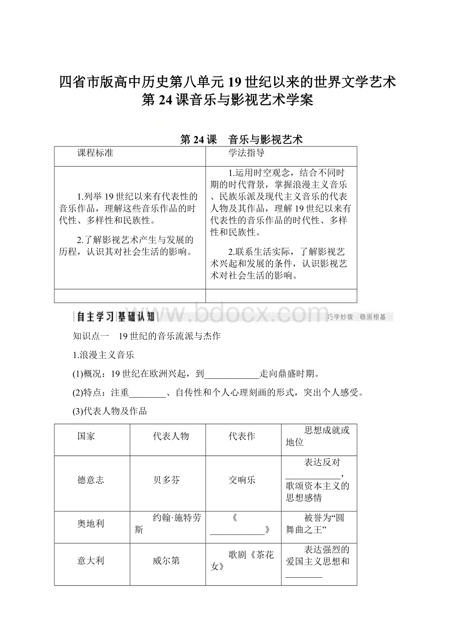 四省市版高中历史第八单元19世纪以来的世界文学艺术第24课音乐与影视艺术学案Word文件下载.docx_第1页