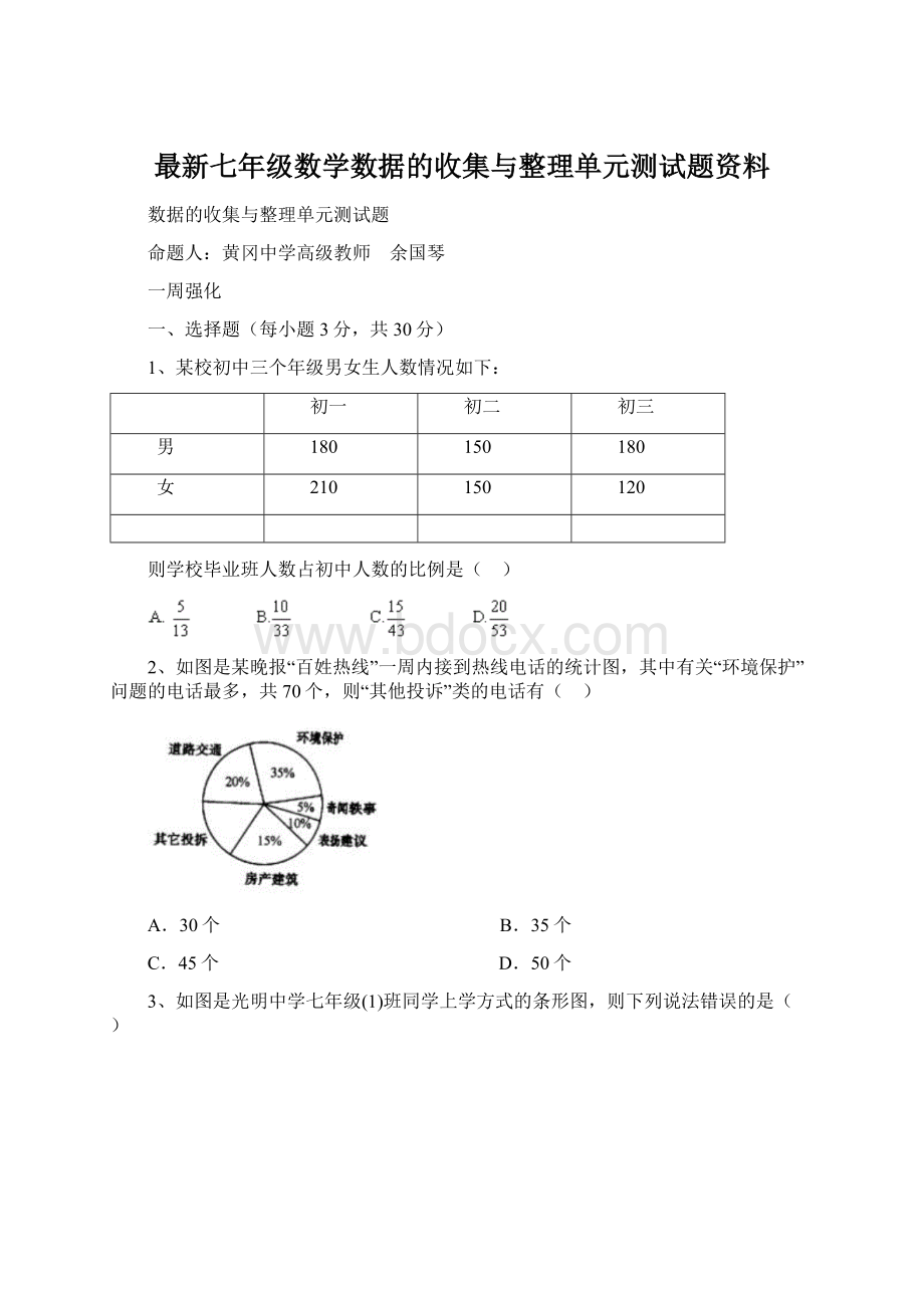 最新七年级数学数据的收集与整理单元测试题资料Word文档格式.docx