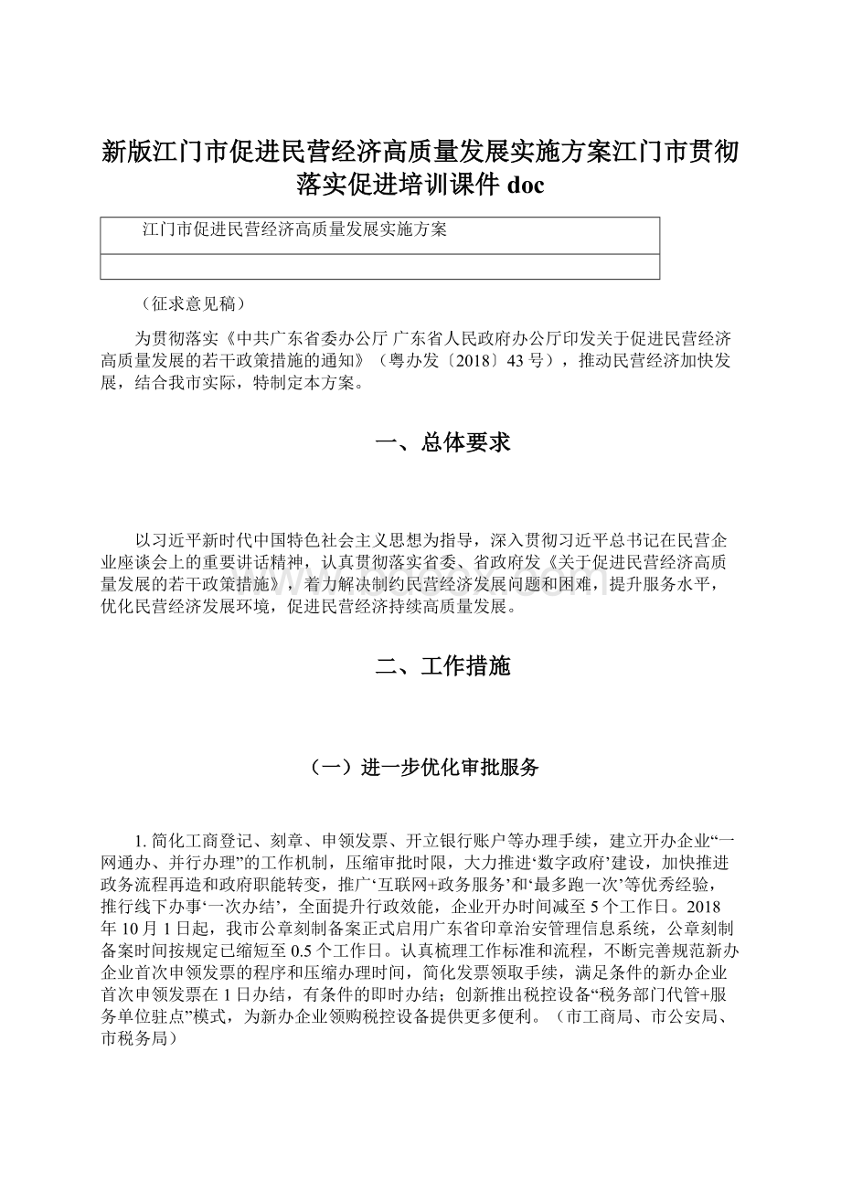 新版江门市促进民营经济高质量发展实施方案江门市贯彻落实促进培训课件docWord下载.docx_第1页