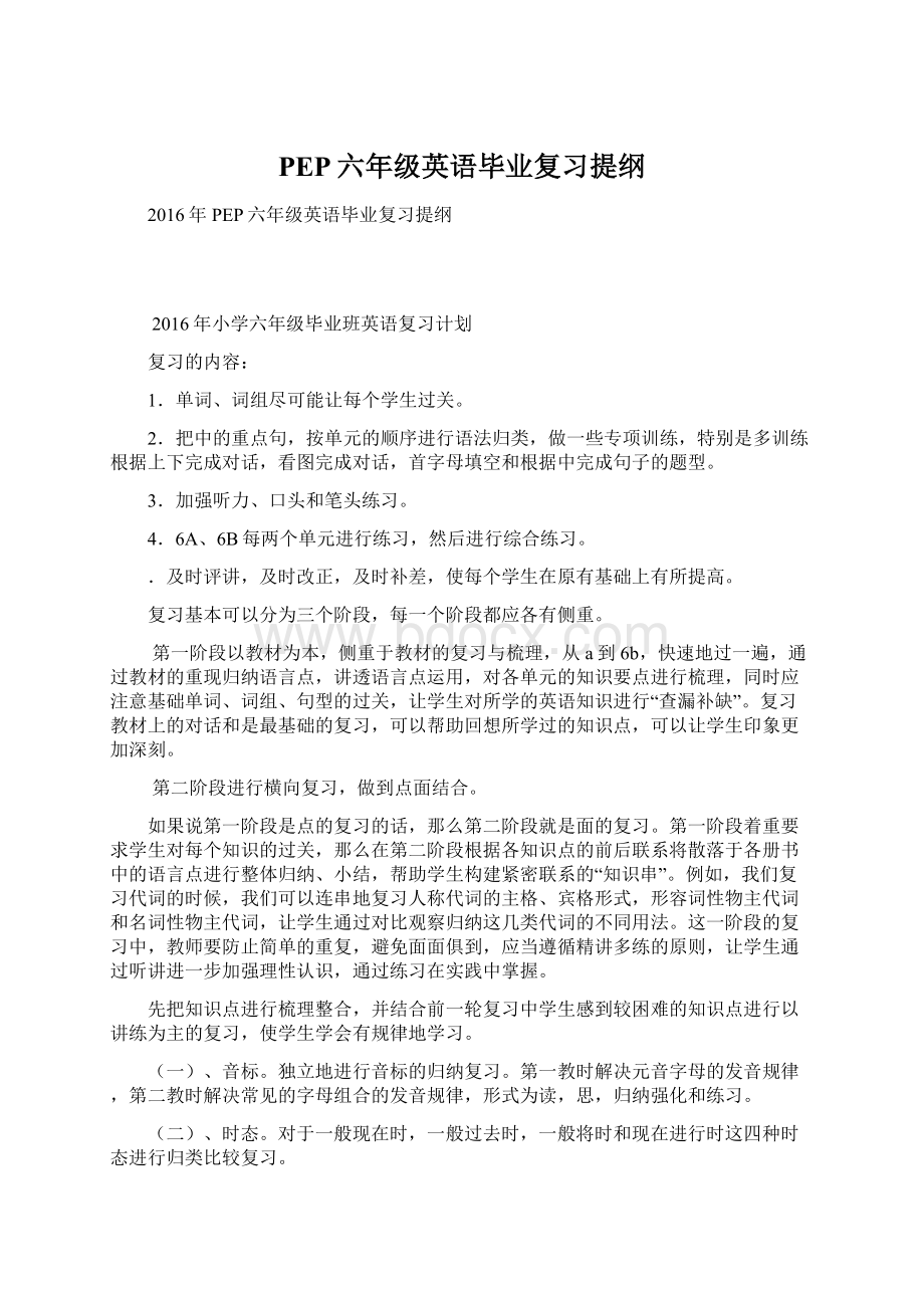 PEP六年级英语毕业复习提纲Word文档格式.docx_第1页