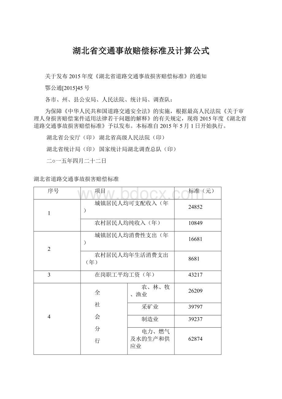 湖北省交通事故赔偿标准及计算公式Word文档下载推荐.docx