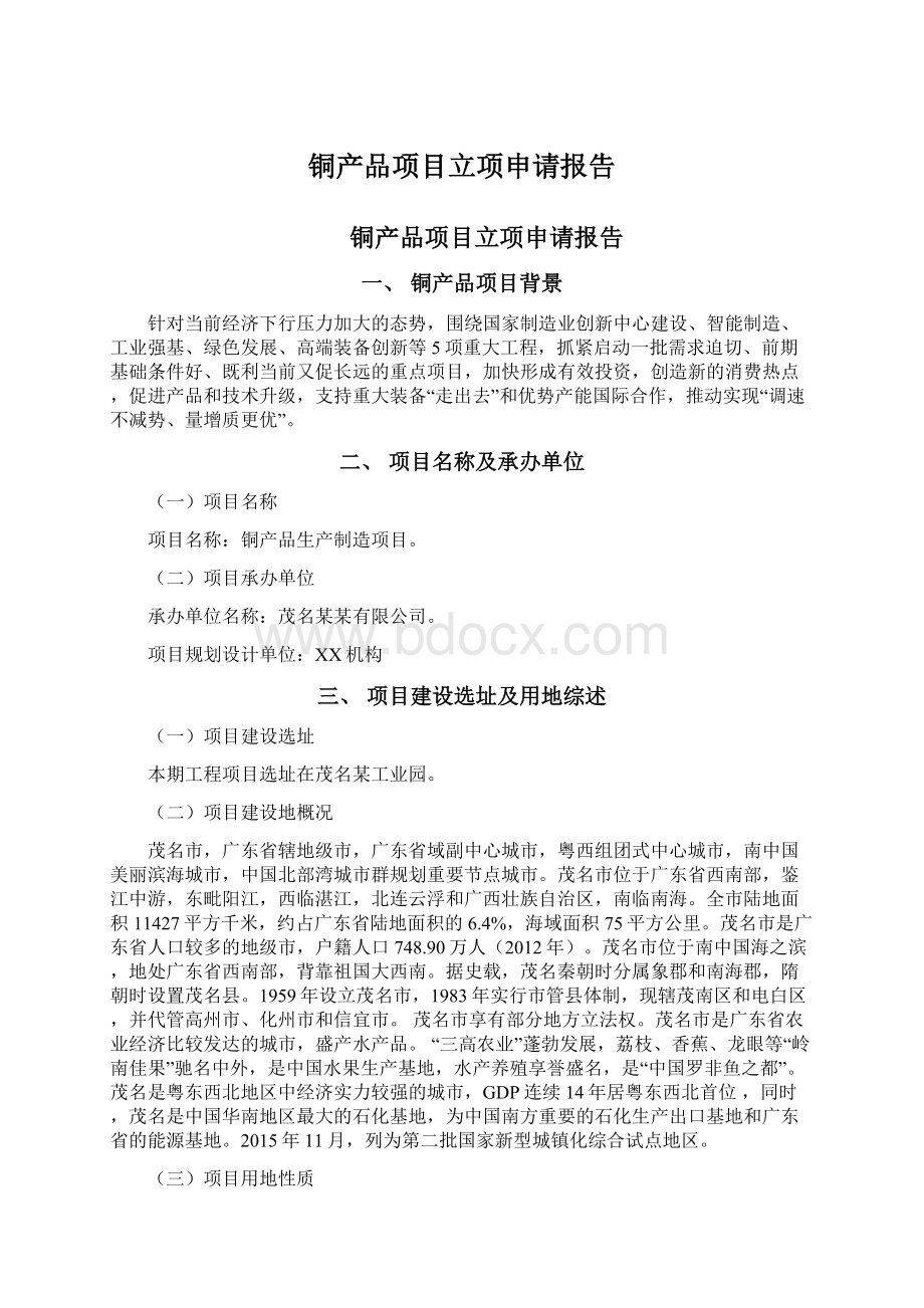 铜产品项目立项申请报告Word文档下载推荐.docx