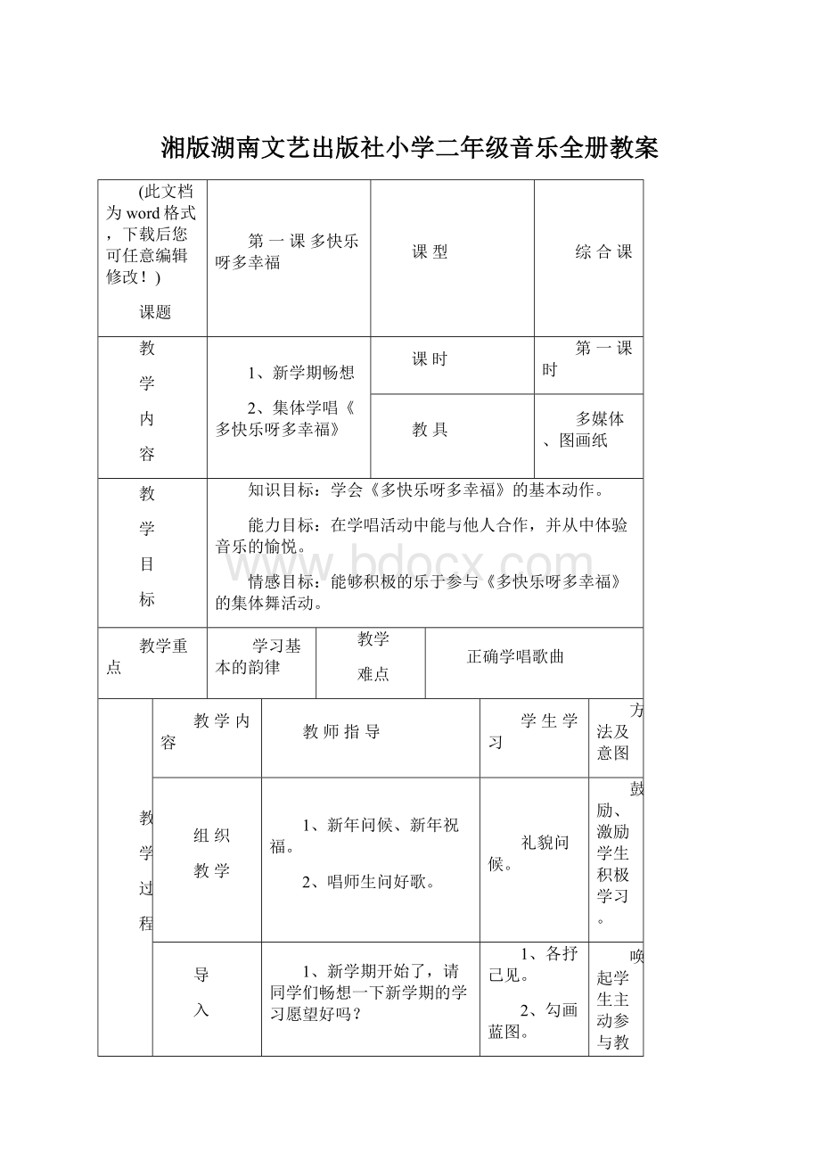 湘版湖南文艺出版社小学二年级音乐全册教案Word格式文档下载.docx