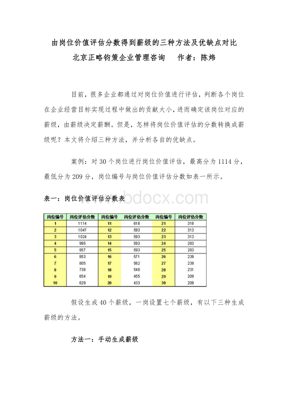 由岗位价值评估分数得到薪级的三种方法及优缺点对1Word文档下载推荐.doc_第1页