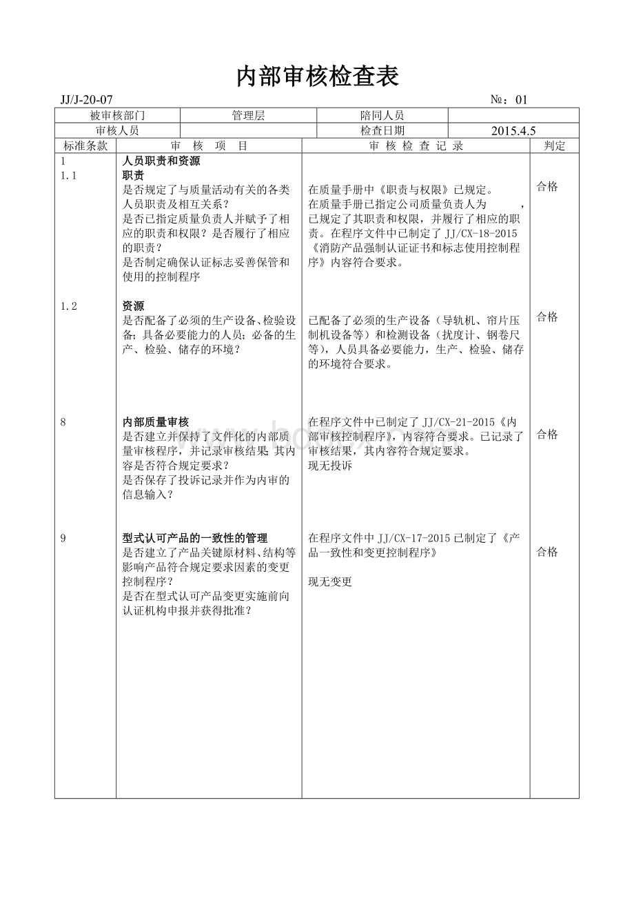 防火卷帘企业内部审核检查表(已填)Word下载.doc