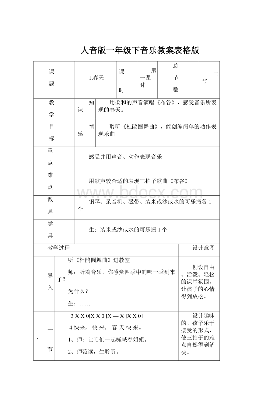 人音版一年级下音乐教案表格版.docx_第1页