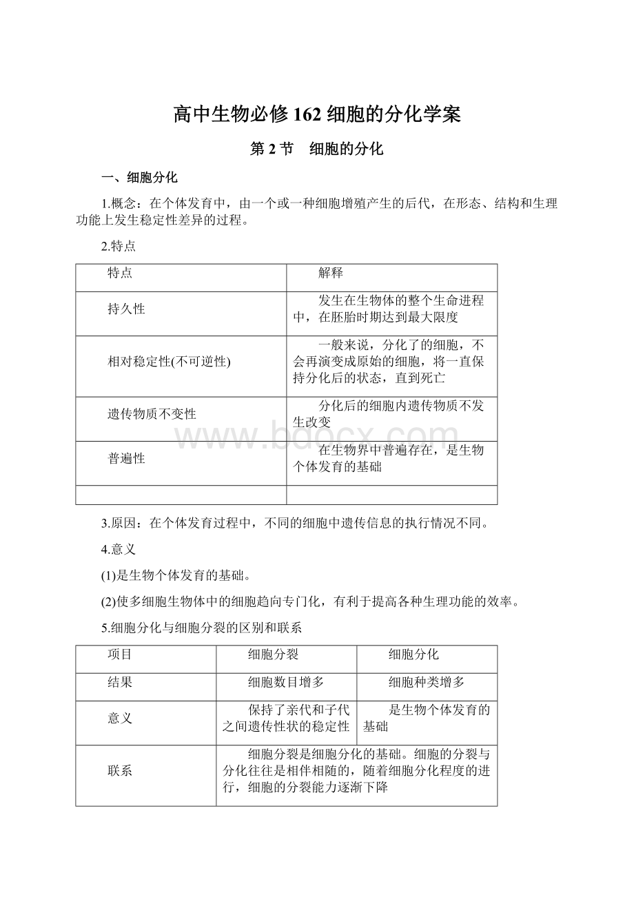 高中生物必修162 细胞的分化学案Word文档格式.docx_第1页