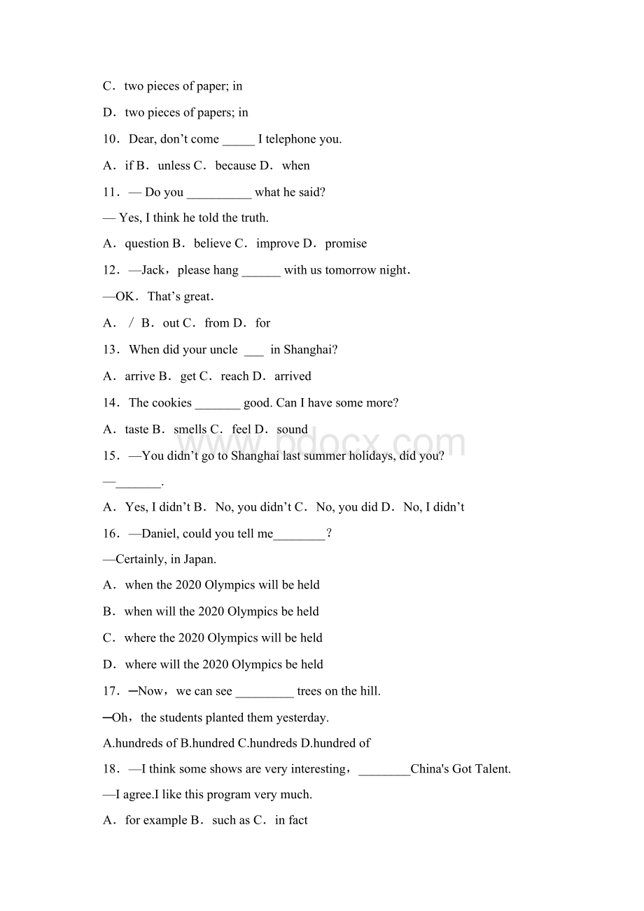 江苏省常州市初二上学期期末英语易错300题选择题Word文档格式.docx_第2页