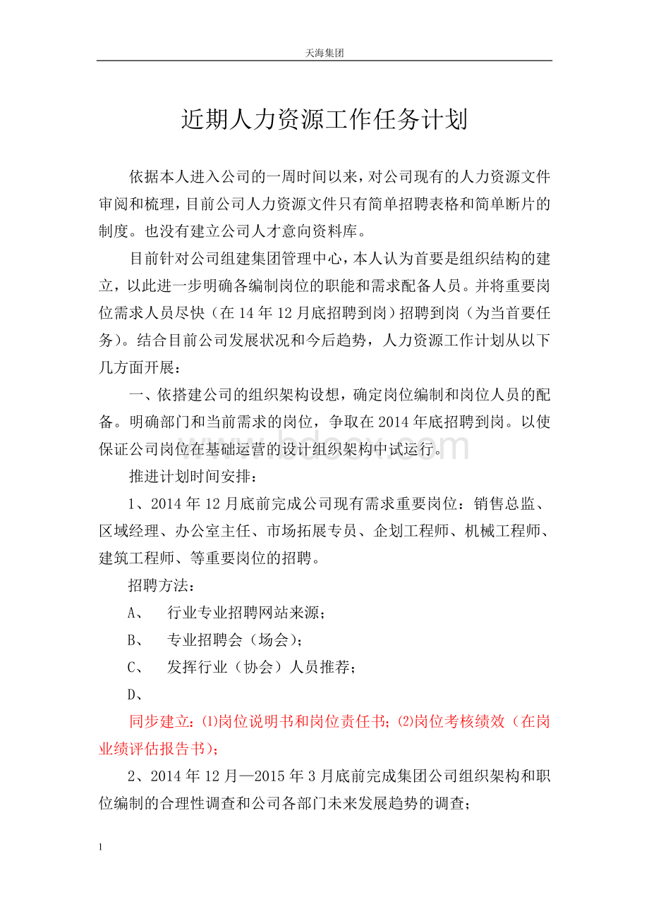 入职后人力资源工作计划Word文档下载推荐.doc