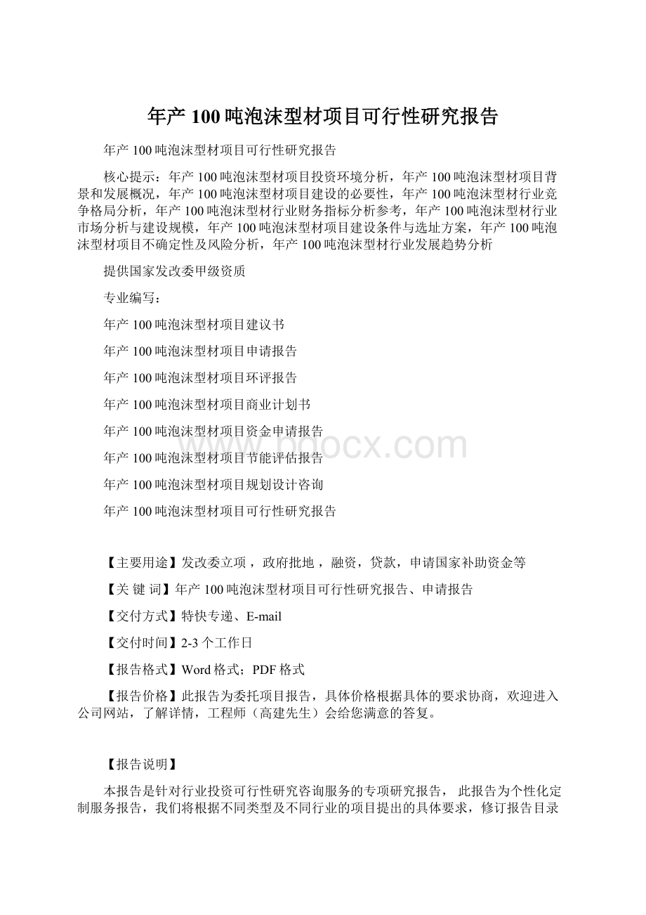 年产100吨泡沫型材项目可行性研究报告.docx_第1页