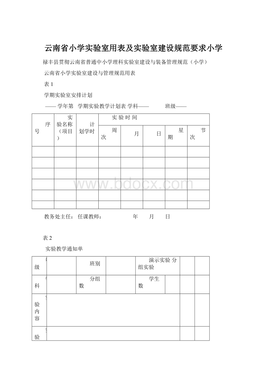 云南省小学实验室用表及实验室建设规范要求小学Word下载.docx