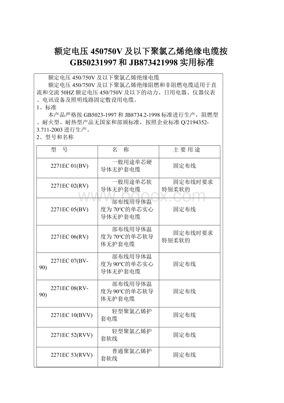 额定电压450750V及以下聚氯乙烯绝缘电缆按GB50231997和JB873421998实用标准Word文件下载.docx