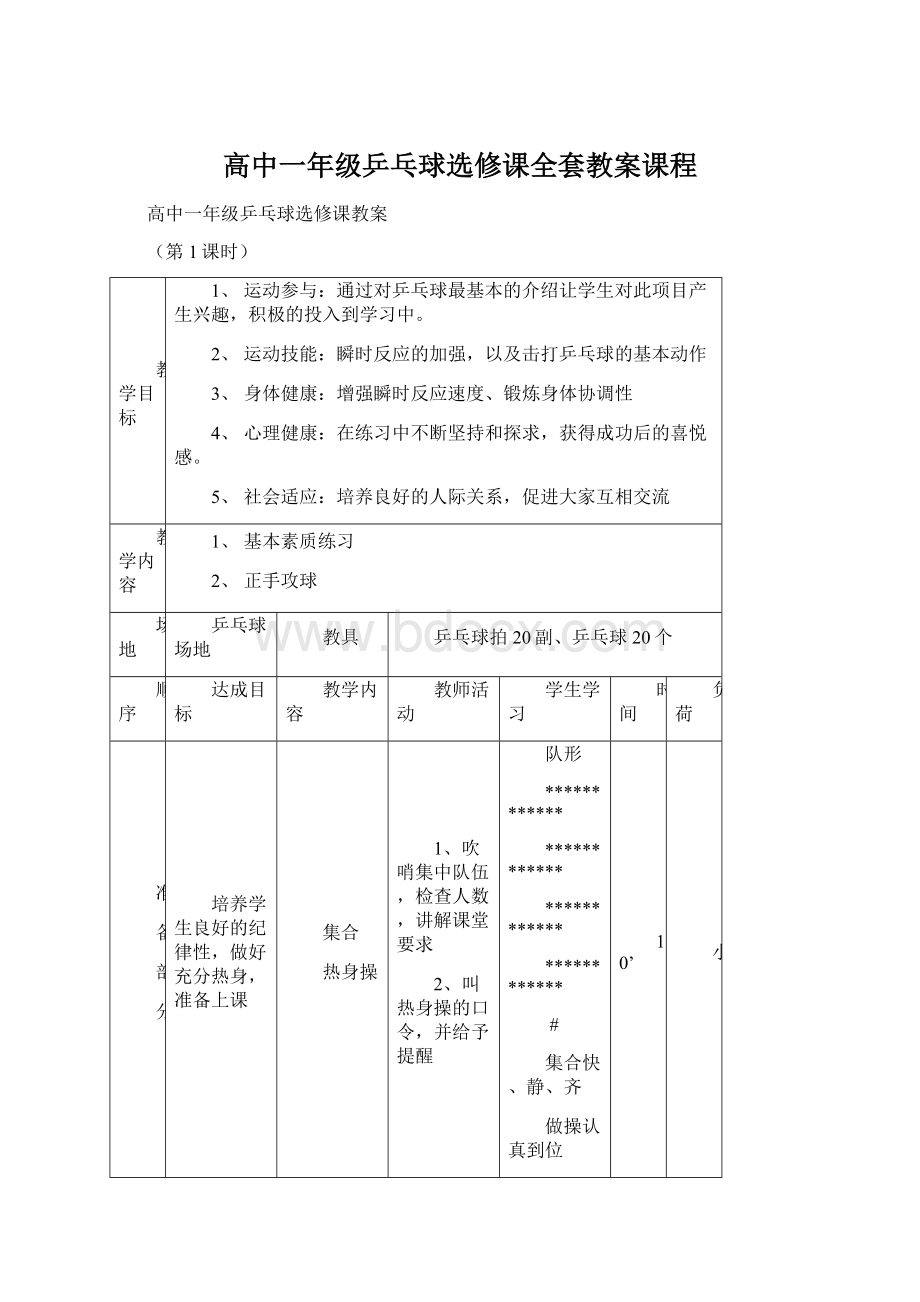 高中一年级乒乓球选修课全套教案课程.docx