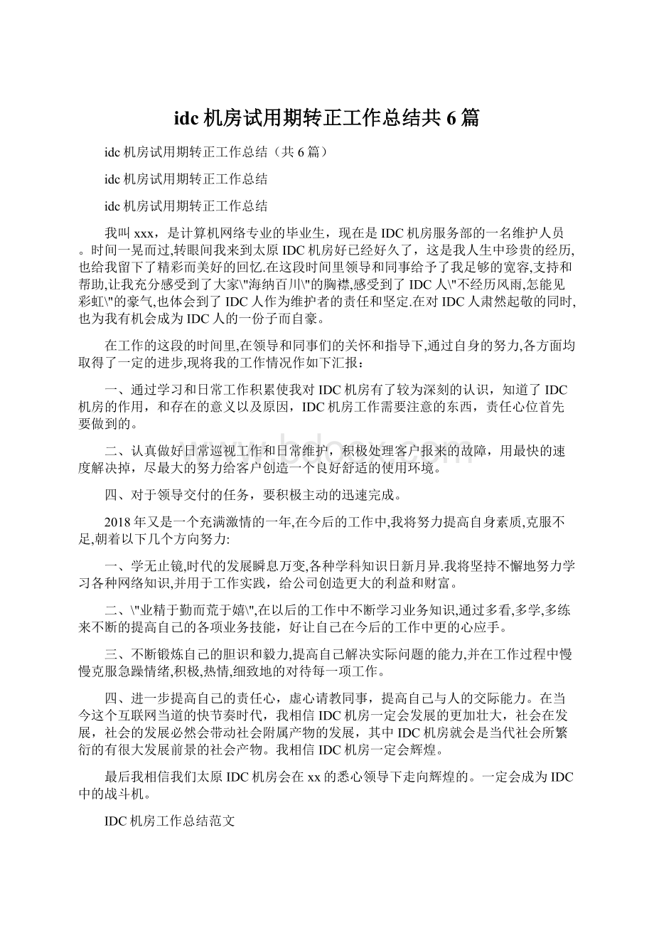 idc机房试用期转正工作总结共6篇.docx