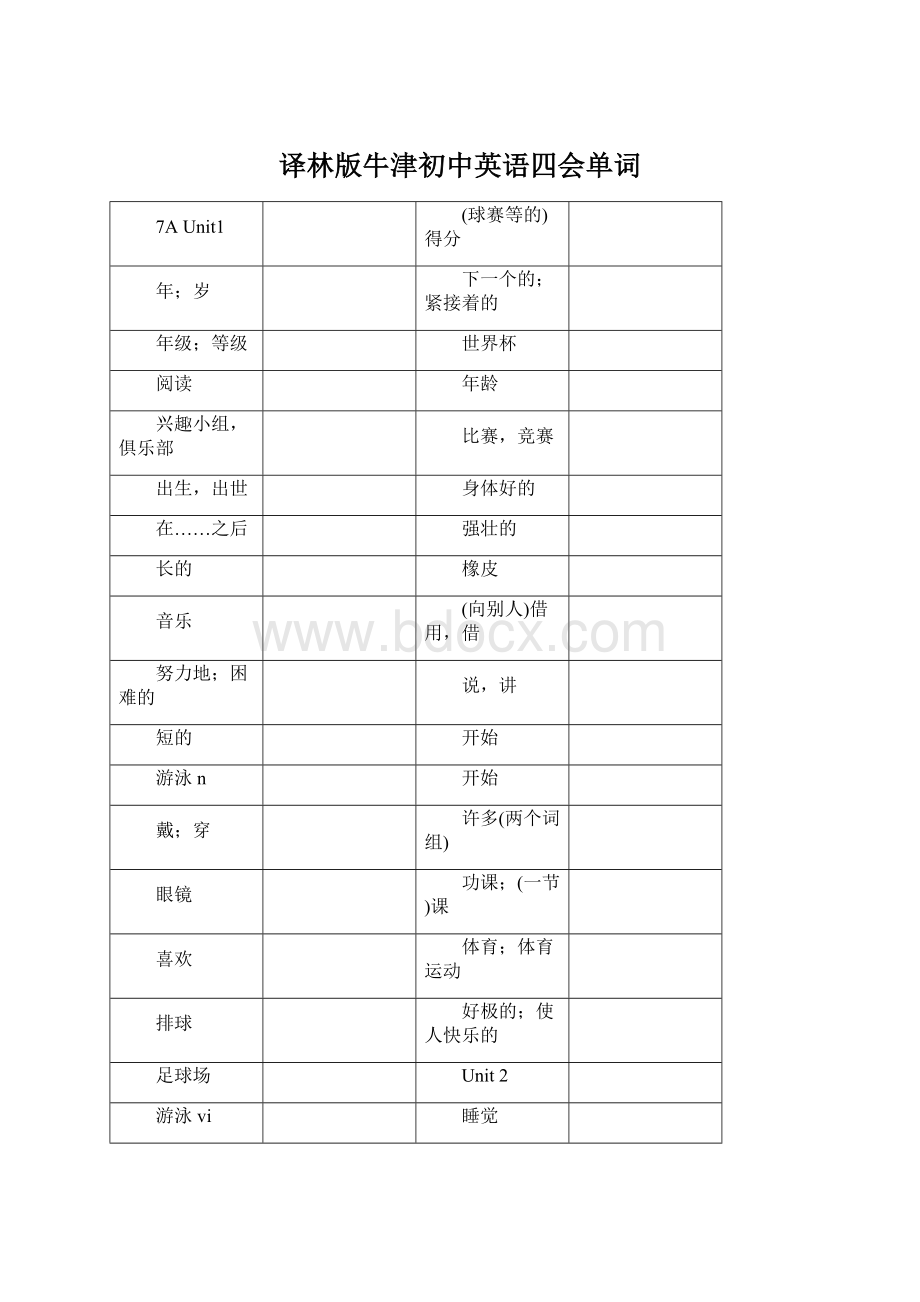 译林版牛津初中英语四会单词Word文件下载.docx