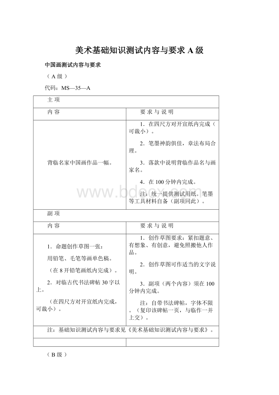 美术基础知识测试内容与要求A级Word文件下载.docx_第1页