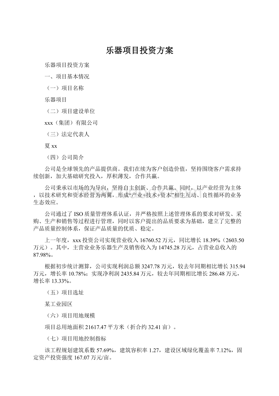 乐器项目投资方案Word格式.docx