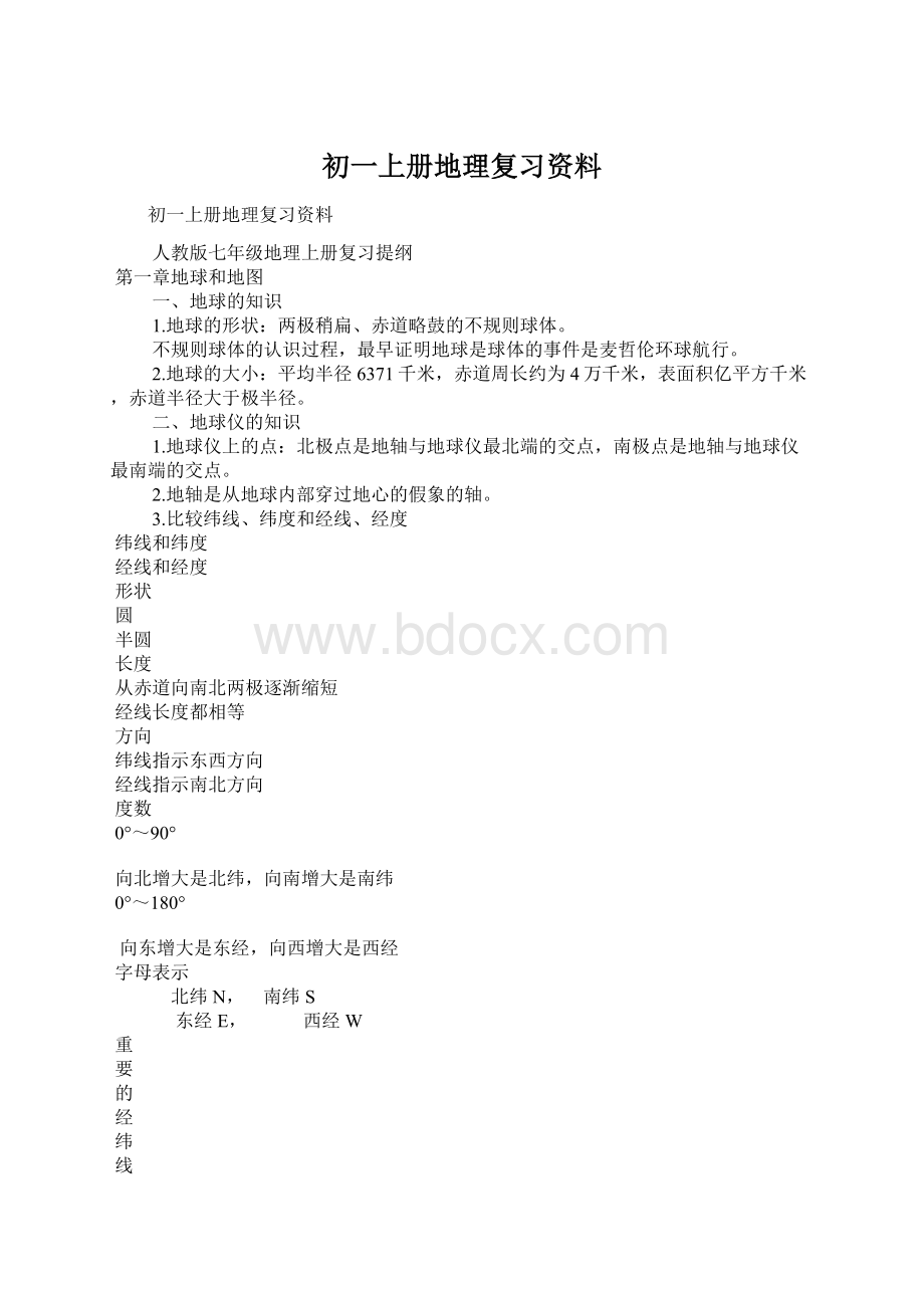 初一上册地理复习资料Word文件下载.docx