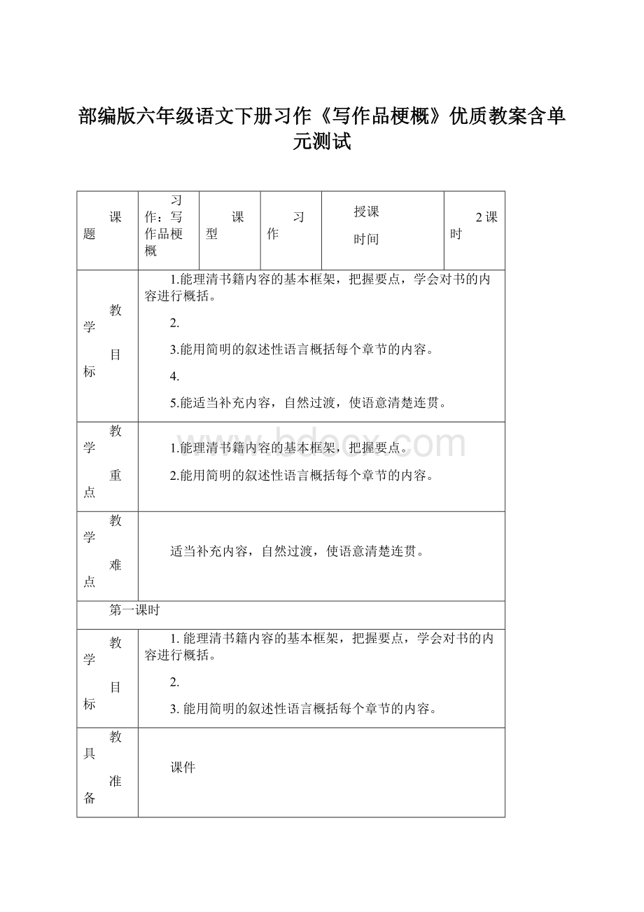 部编版六年级语文下册习作《写作品梗概》优质教案含单元测试文档格式.docx_第1页