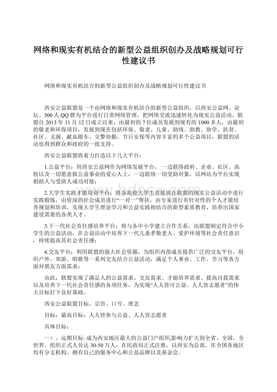 网络和现实有机结合的新型公益组织创办及战略规划可行性建议书文档格式.docx