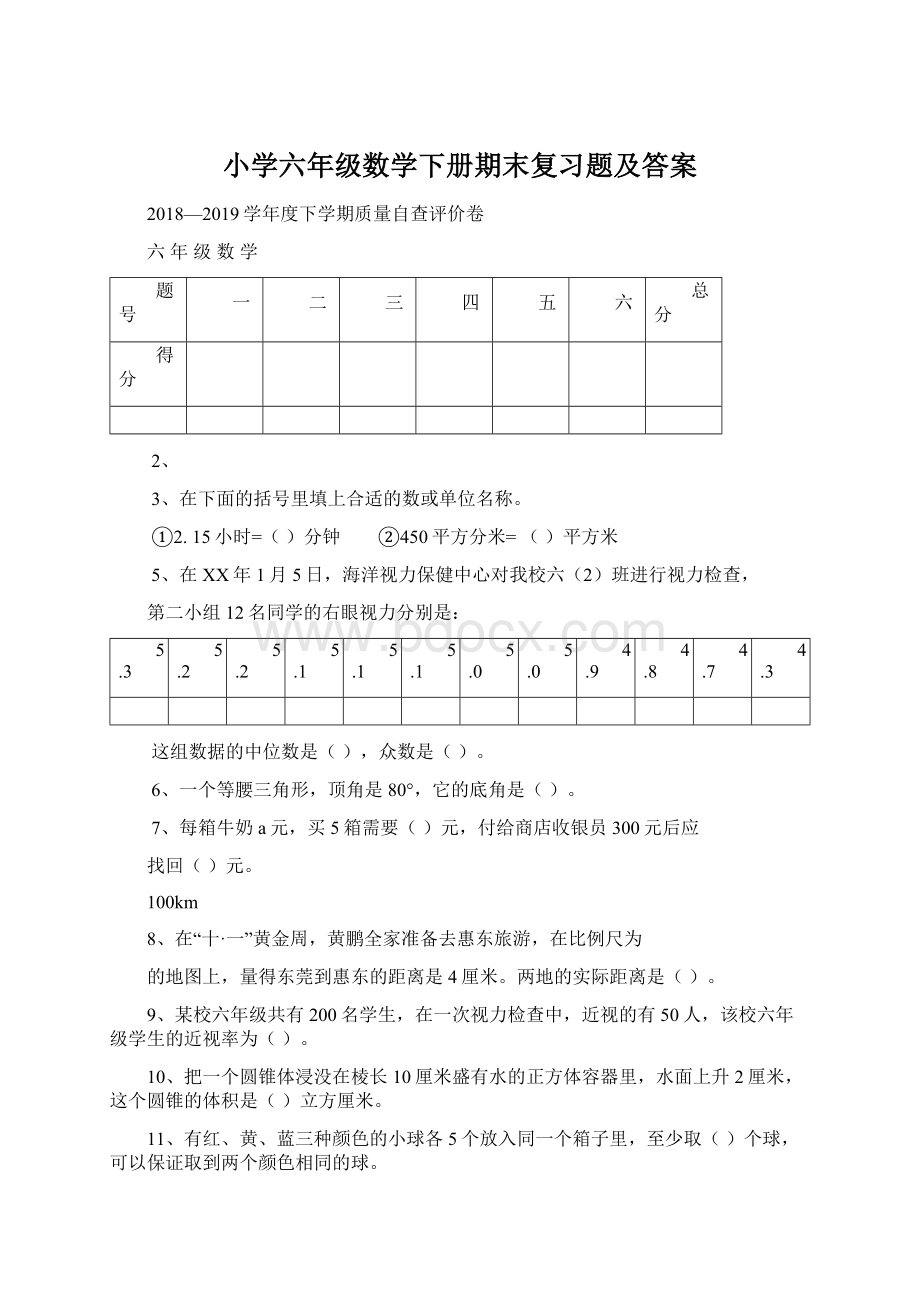 小学六年级数学下册期末复习题及答案.docx_第1页