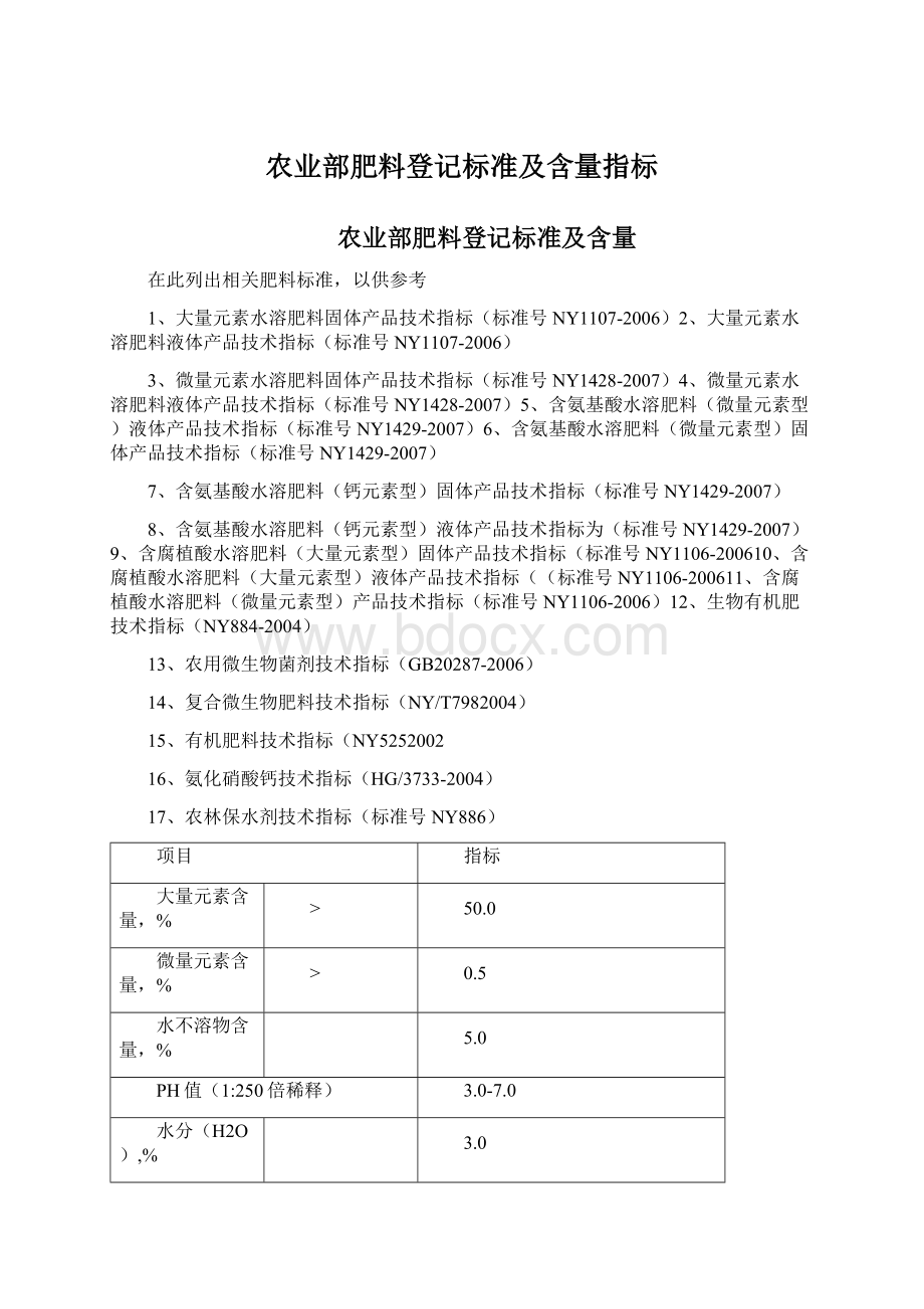 农业部肥料登记标准及含量指标.docx