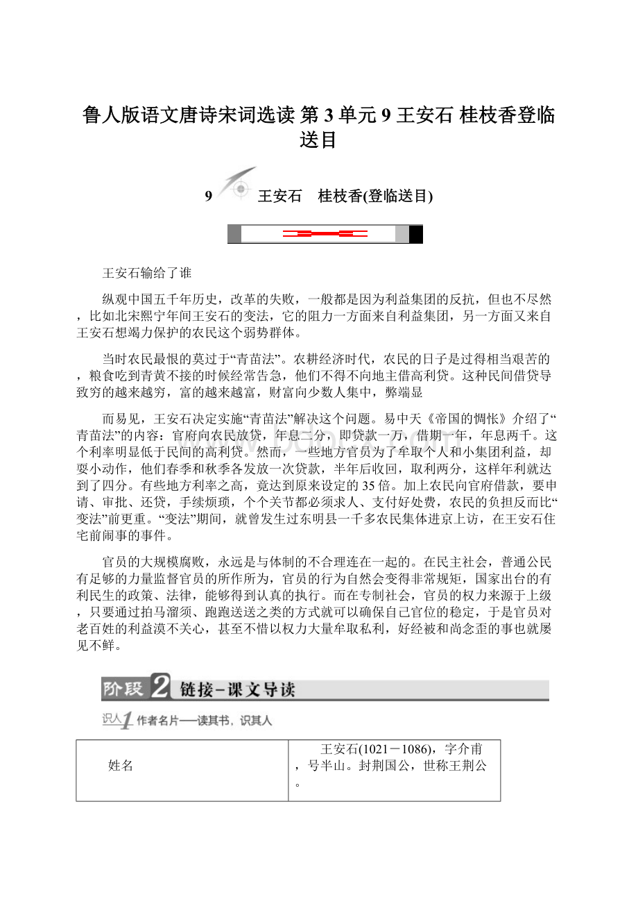 鲁人版语文唐诗宋词选读 第3单元 9 王安石 桂枝香登临送目.docx