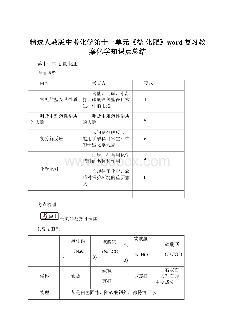 精选人教版中考化学第十一单元《盐 化肥》word复习教案化学知识点总结.docx_第1页