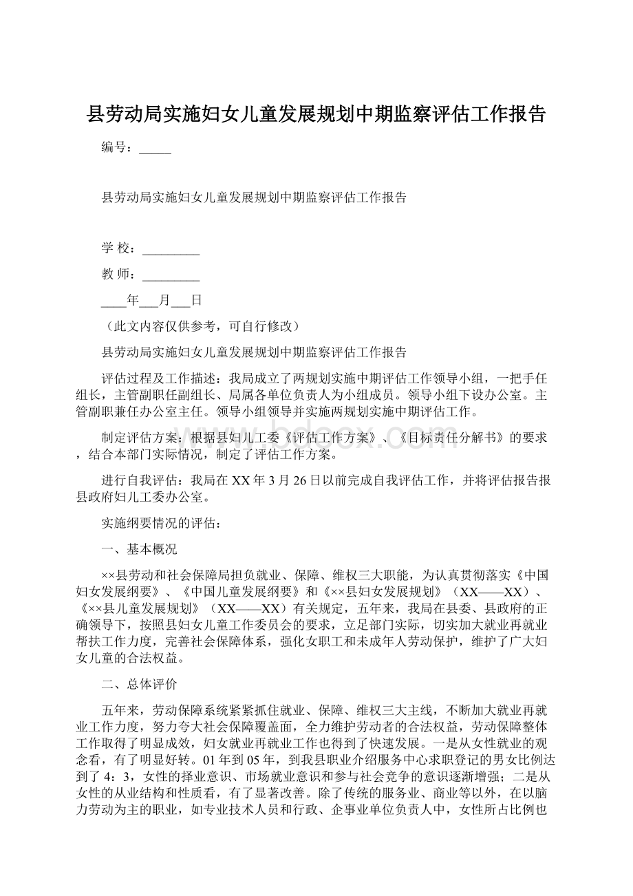 县劳动局实施妇女儿童发展规划中期监察评估工作报告Word文档下载推荐.docx