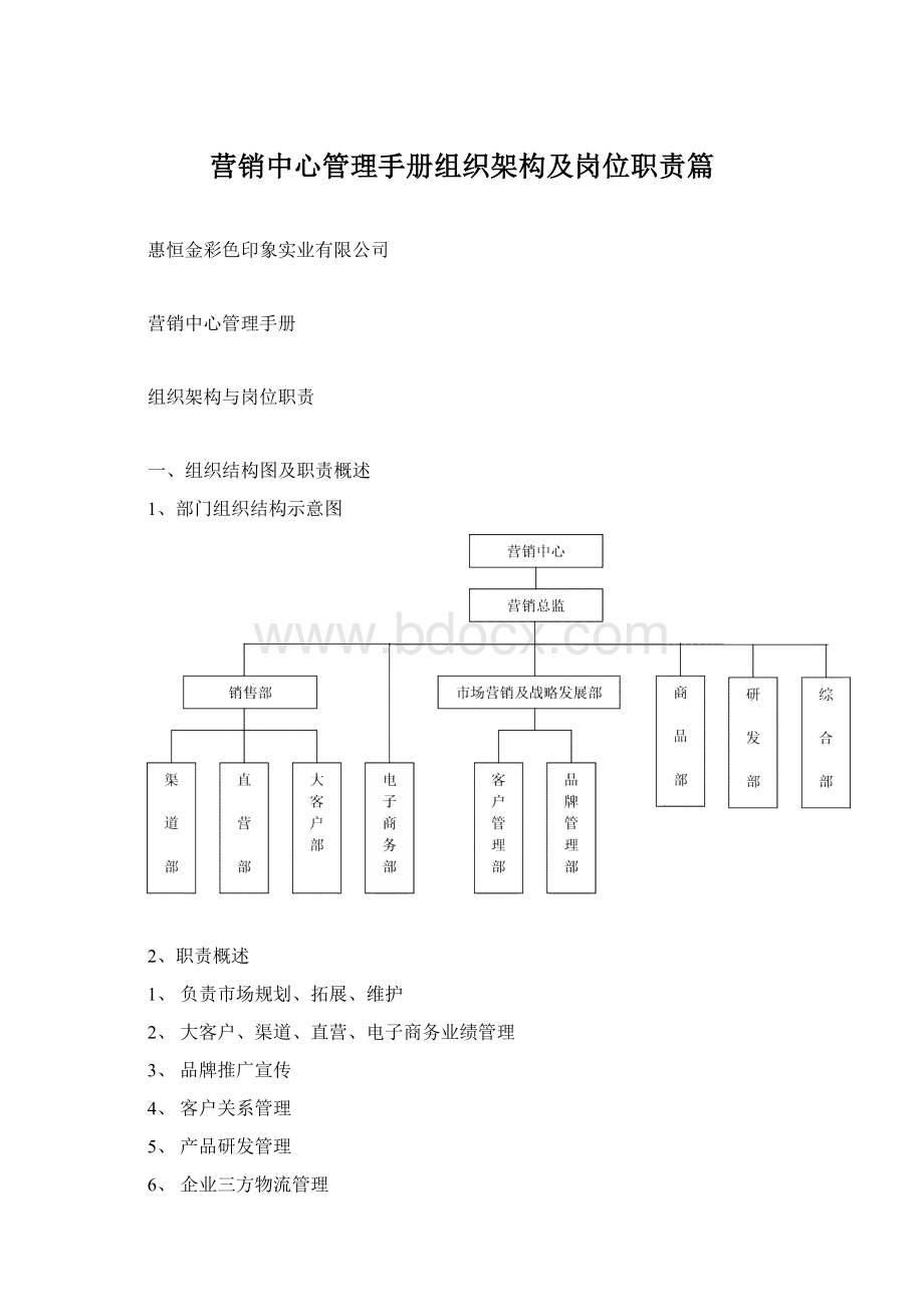 营销中心管理手册组织架构及岗位职责篇Word文件下载.docx