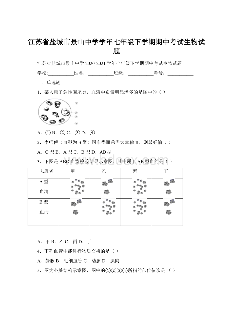 江苏省盐城市景山中学学年七年级下学期期中考试生物试题Word格式文档下载.docx_第1页