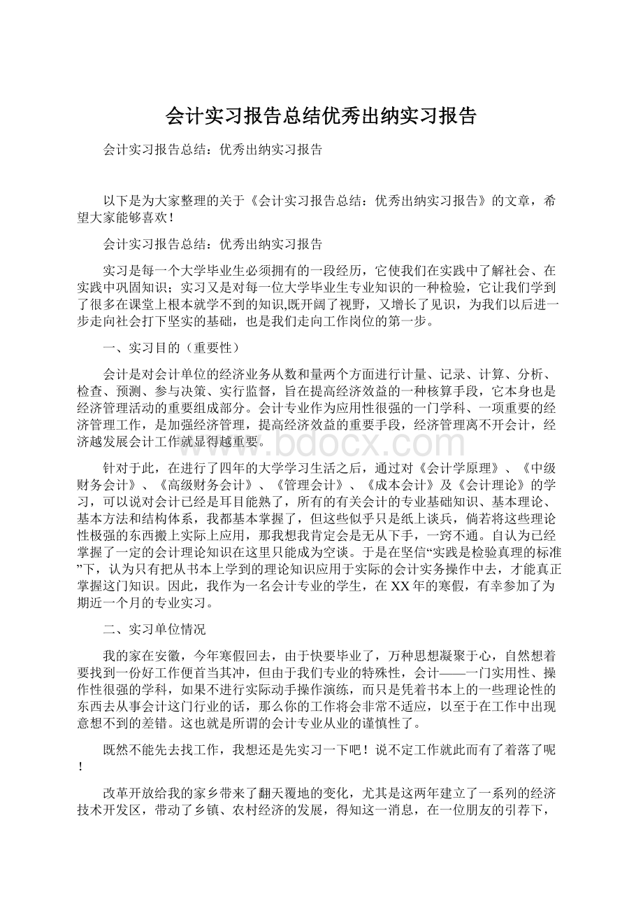 会计实习报告总结优秀出纳实习报告.docx