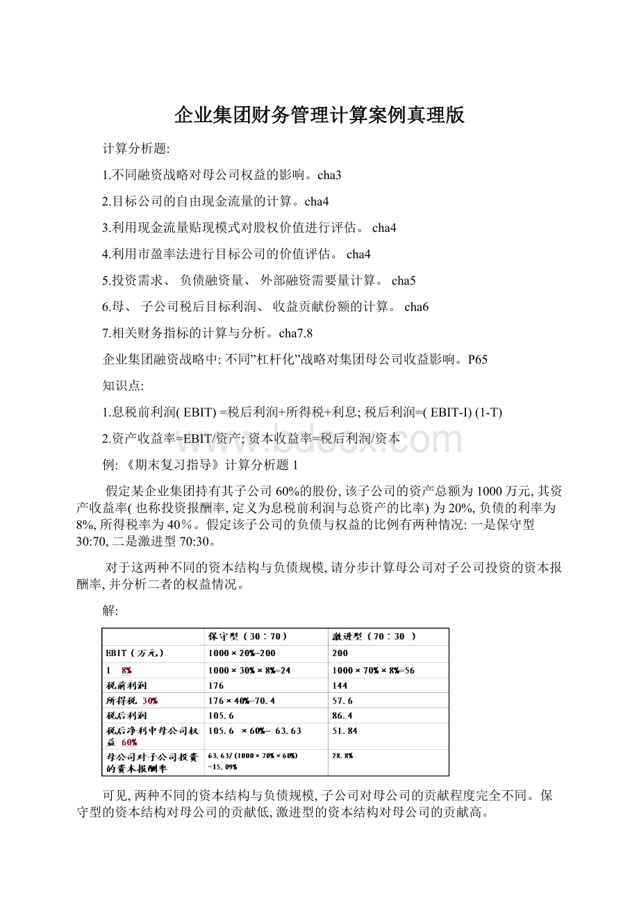 企业集团财务管理计算案例真理版Word文档格式.docx