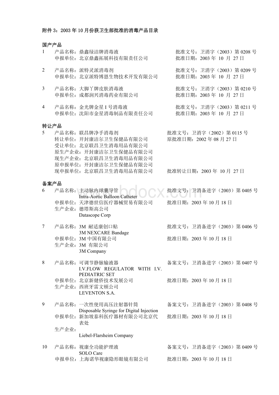 份获卫生部批准的消毒产品目录文档格式.doc