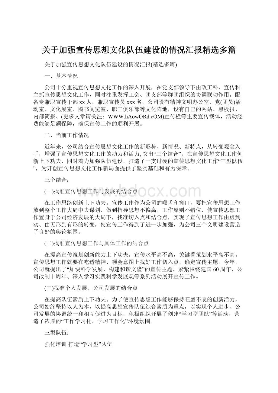 关于加强宣传思想文化队伍建设的情况汇报精选多篇Word文档格式.docx