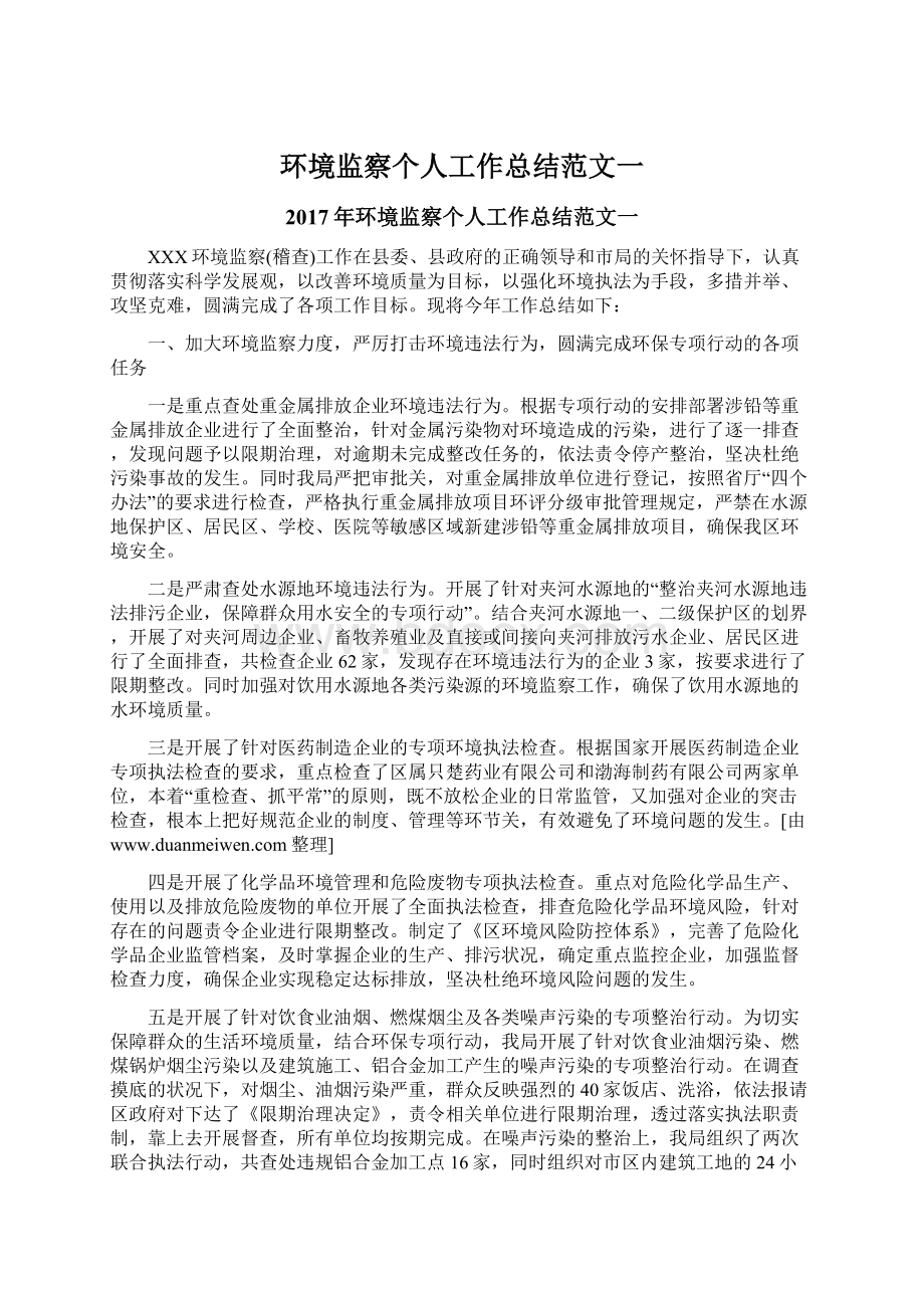 环境监察个人工作总结范文一文档格式.docx